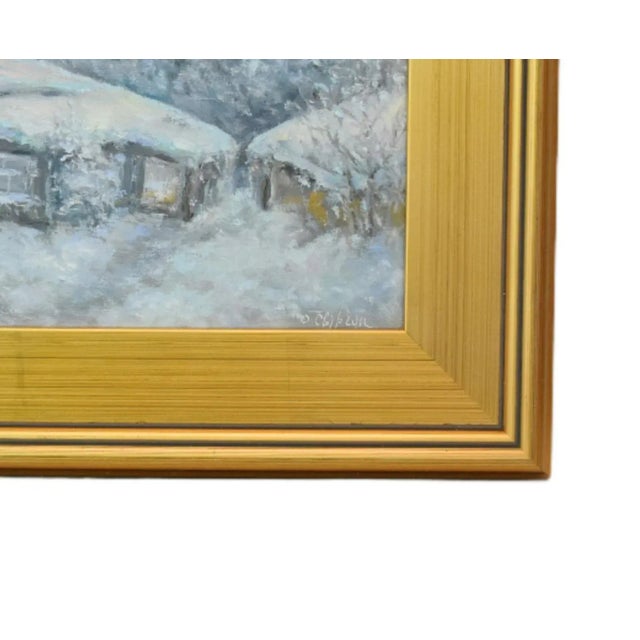 Original impressionist winter snowy cottage oil painting on artist's canvas panel. Illegible artist signature on lower...