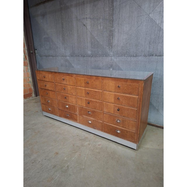 Vintage Wooden Haberdashery Display Counter with 20 Drawers and Glass Top For Sale - Image 9 of 16