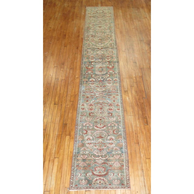 Persian Early 20th Century Zabihi Collection Rare Narrow Long Sea Foam Persian Runner - 2'3" x 15'7" For Sale - Image 3 of 7