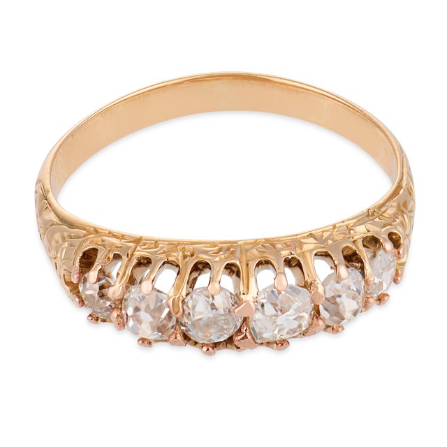 Victorian 19th Century Victorian Old Mine Cut Diamond 14k Yellow Gold 6 Stone Band, Size 5.5 For Sale - Image 3 of 6