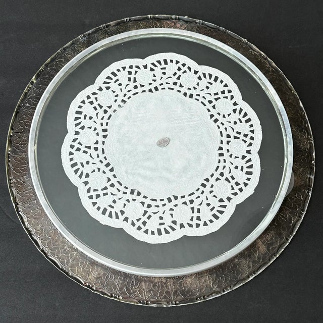 Vintage Late 20th Century Round Green & White Silver Plated & Glass Platter For Sale - Image 10 of 13
