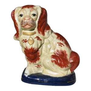 English Traditional King Charles Spaniel Porcelain Dog in Red Blue and Gold