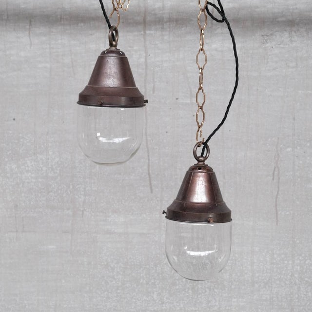 Small Industrial Brass and Clear Glass Pendant Lamps, 1930s, Set of 2 For Sale - Image 9 of 9
