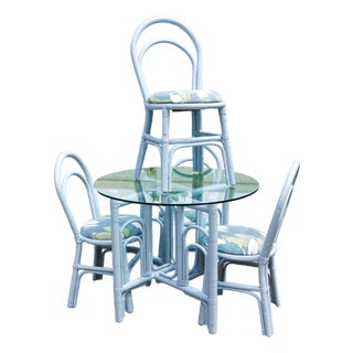Bamboo Rattan Patio Dining Set Table and Four Chairs Restored For Sale
