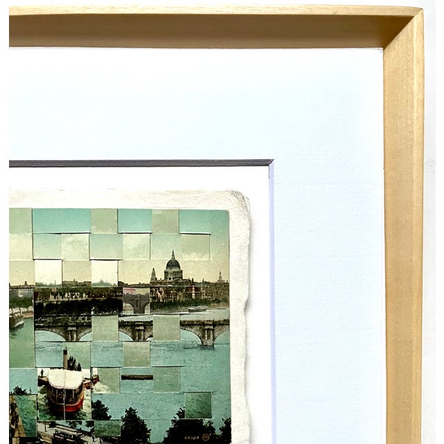 Contemporary Victoria Embankment, Thames River, London - Hand Cut & Woven Vintage Photo Postcards, Framed For Sale - Image 3 of 3