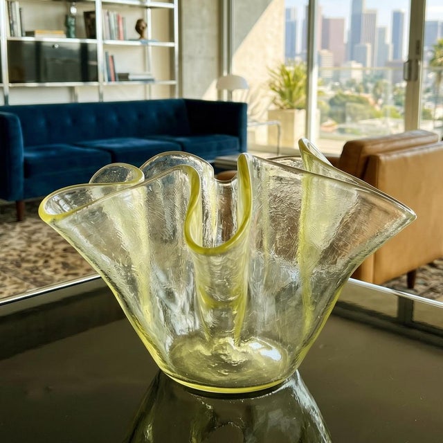 1970s Gorgeous Yellow Vase "Fazzoletto" by Dogi in Murano Glass. Made in Italy. This exquisite piece features a delicate,...