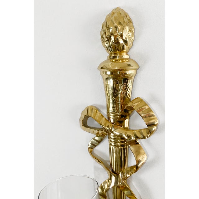 Metal Large Vintage Brass Ribbon Torch Wall Candle Sconces, a Pair For Sale - Image 7 of 7