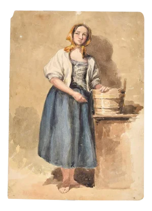 Country Woman -Original Ink and Watercolor by A. Aglio - Early 19th Century Early 19th Century