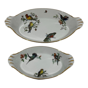 Two Nesting Pillivuyt France Porcelain Bird Gratin Dishes Gold Trim Vintage