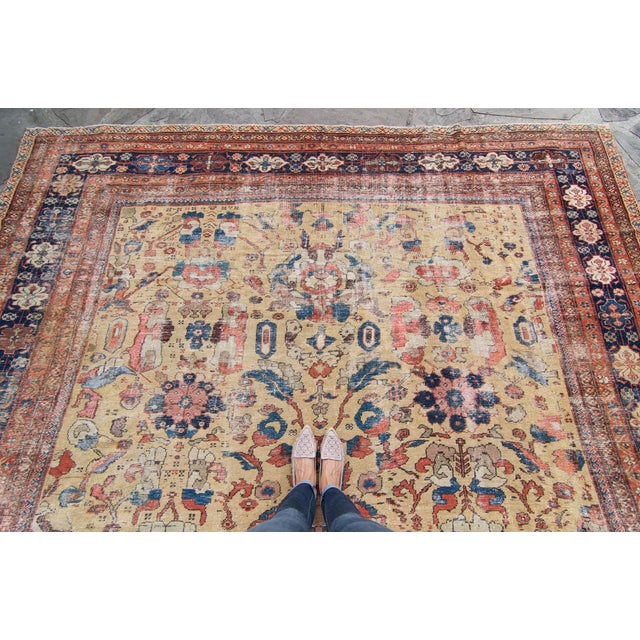 1880s Antique Allover Macaroon Yellow Blue Hand-Knotted Rug - 10’7” X 13’ For Sale - Image 4 of 11