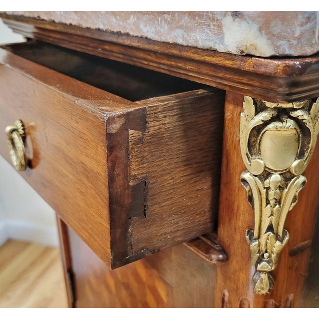 Pair French Louis XVI Parquetry Inlaid Bronze & Marble Top Nightstands For Sale - Image 18 of 18