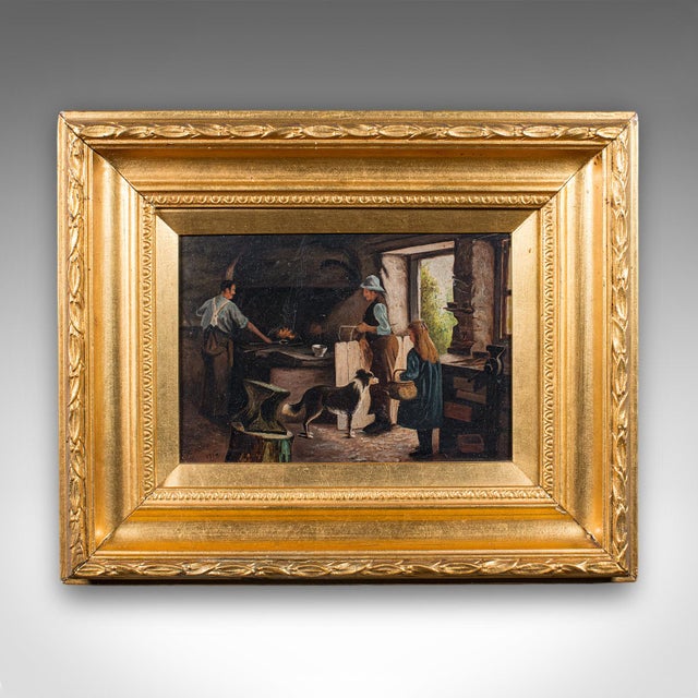 This is an antique blacksmith's cottage painting. An English, gilt framed oil on canvas picture, dating to the early 20th...
