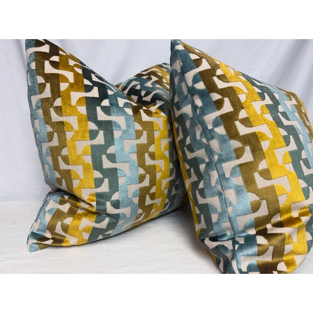 Custom pair of 22" pillows covered in Camengo Fabrics "Sevre" in color givre cut velvet fabric. These pillows have tapered...