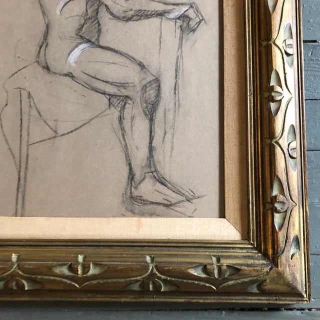 Mid-Century Modern Original Vintage Academy Style Male Nude Charcoal Study Drawing Frame For Sale - Image 3 of 5