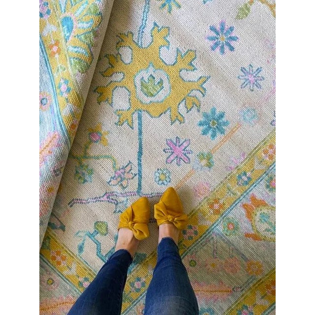 Modern Handknotted Oushak Rug in Vibrant Pink, Blue, Yellow & Green, 4' x 6' For Sale - Image 4 of 6