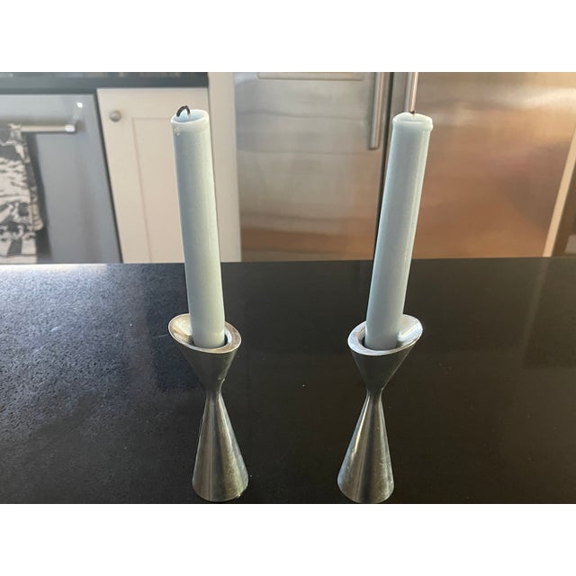 Industrial Vintage 1994 Nambé ‘Nova’ Candlesticks 6045 by Karin Rashid Pair For Sale - Image 3 of 6