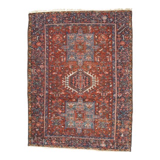 Vintage Persian Karaja Rug, Handmade Wool Oriental Rug, Rust, Ivory, Light Blue For Sale