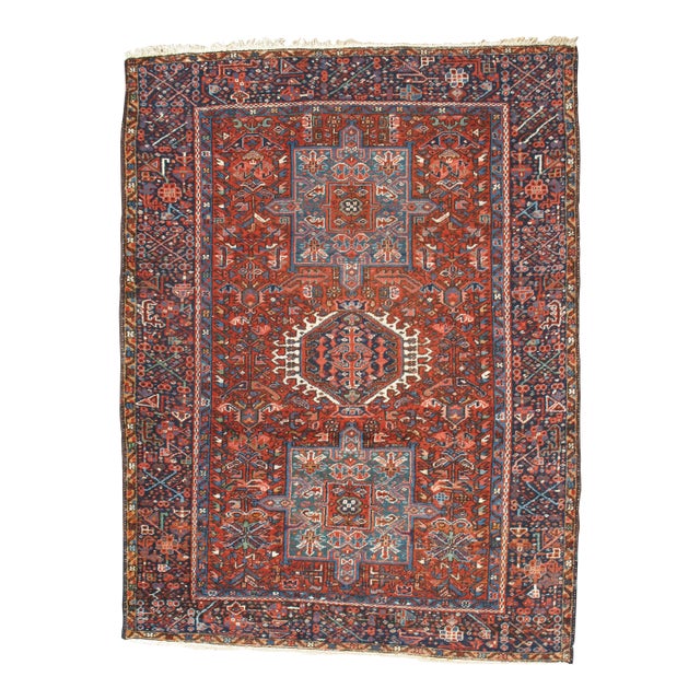 Vintage Persian Karaja Rug, Handmade Wool Oriental Rug, Rust, Ivory, Light Blue For Sale