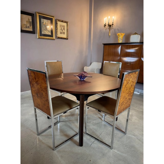 Set of Four Italian Chrome, Burl Wood and Leather Dining Chairs, 1970s For Sale - Image 9 of 10