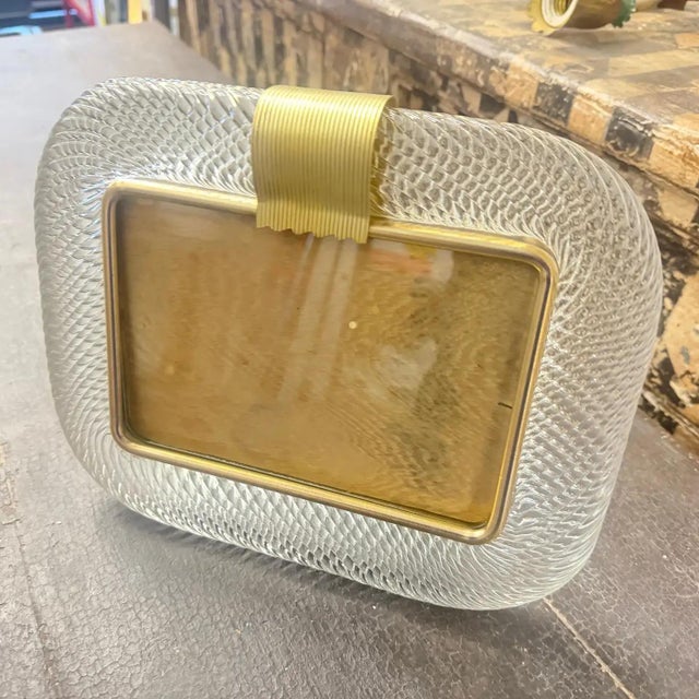 1990s Barovier Style Art Deco Murano Glass and Brass Horizontal Picture Frame For Sale - Image 12 of 14