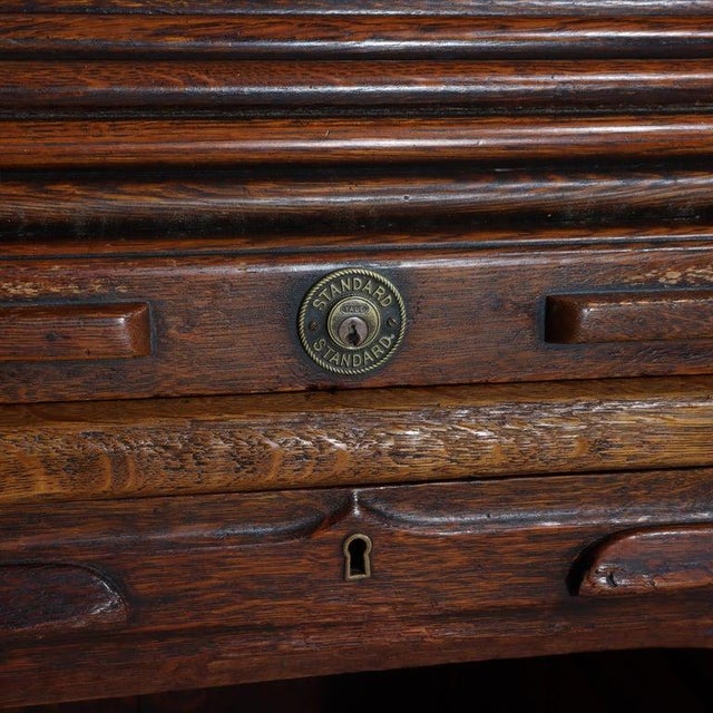 Antique Standard Raised Panel Oak Double Pedestal S-Roll Top Desk With Full Interior c1910 Measures - 49 7/8" x 49 5/8" x...