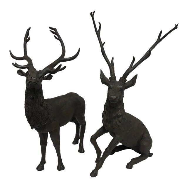 Majestic Antlered Resin Reindeer Sculptures, Pair For Sale