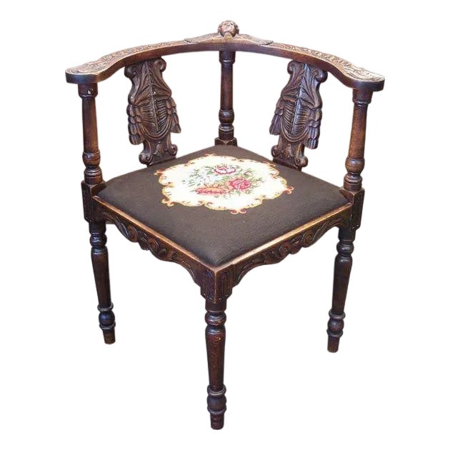 Antique Angel Carved 3-Corner Oak Chair With Needlepoint (Pair) For Sale