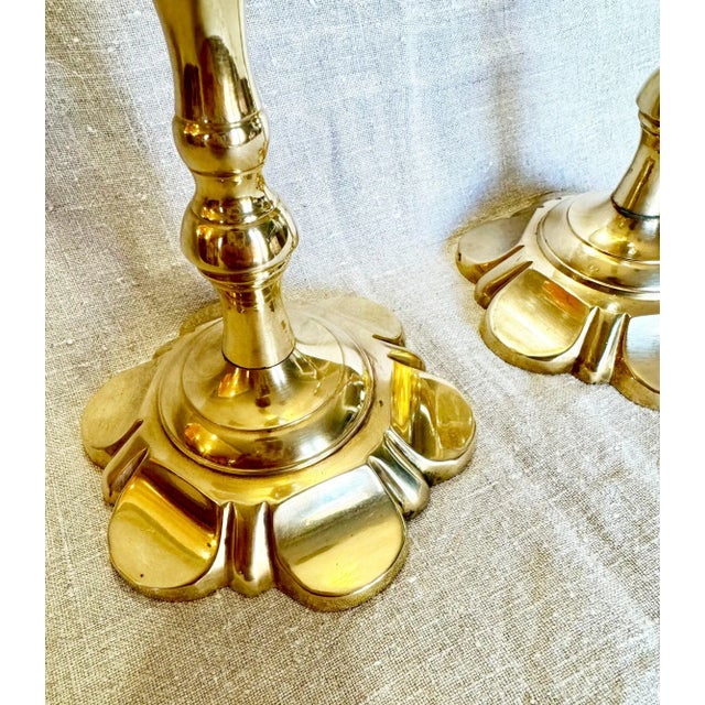 Early 19th Century Antique 18th-Century George II English Brass Petal Base Candlesticks - Set of 2 For Sale - Image 5 of 6