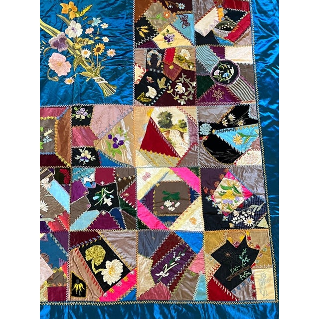 Textile Antique Handmade Blue Silk Velvet Needlepoint Embroidery Painted Crazy Quilt For Sale - Image 7 of 9