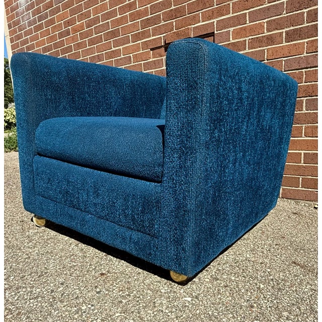 1970s Century Modern Blue Chenille Club Lounge Chair by Levitz Furniture For Sale - Image 14 of 17