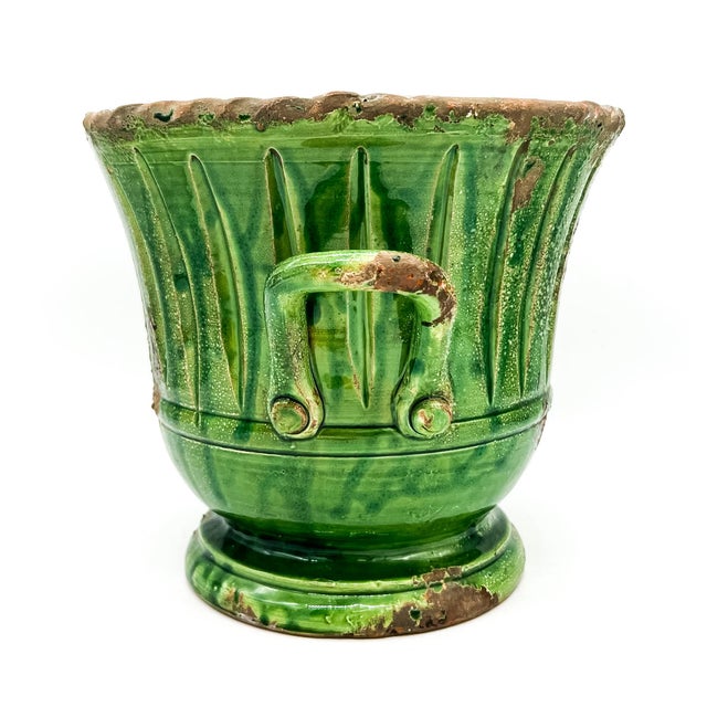 Vintage Vietri Italian Verde Glazed Terracotta Planter With Handles – Mediterranean / Tuscan For Sale - Image 10 of 11