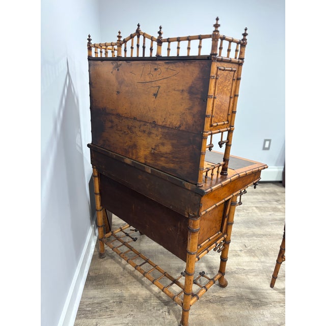 Traditional Late 20th Century Aesthetic Movement Faux Bamboo Bird's-Eye Maple Secretary Desk & Original Chair Attributed to r.j. Horner For Sale - Image 3 of 17