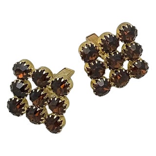 Art Deco 1960s Gold-Tone Brass Topaz Rhinestone Cufflinks, Unisex For Sale