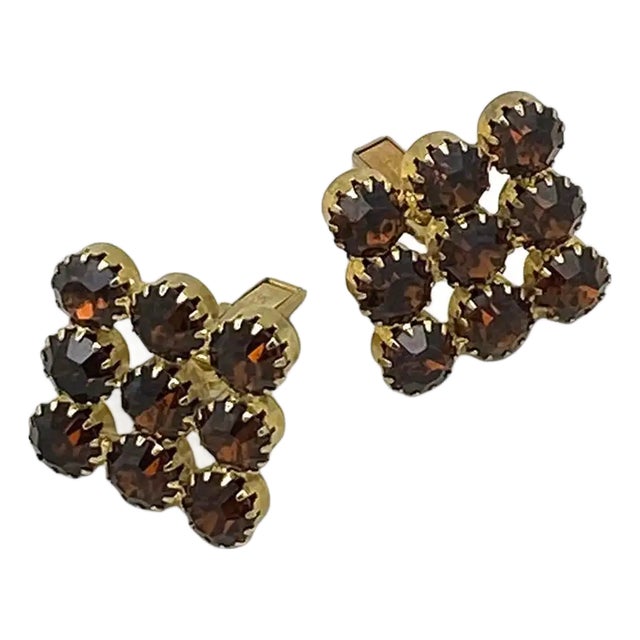 Art Deco 1960s Gold-Tone Brass Topaz Rhinestone Cufflinks, Unisex For Sale