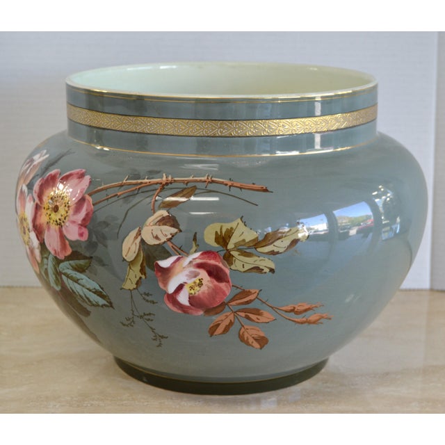 Large Early 19th Century Hand Painted Ceramic Jardiniere Bowl Butterfly Flowers For Sale - Image 11 of 11