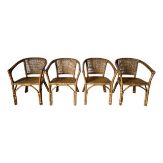1970s Vintage Boho Coastal Woven Rattan and Bamboo Frame Arm Dining Chairs – Set of 4 For Sale