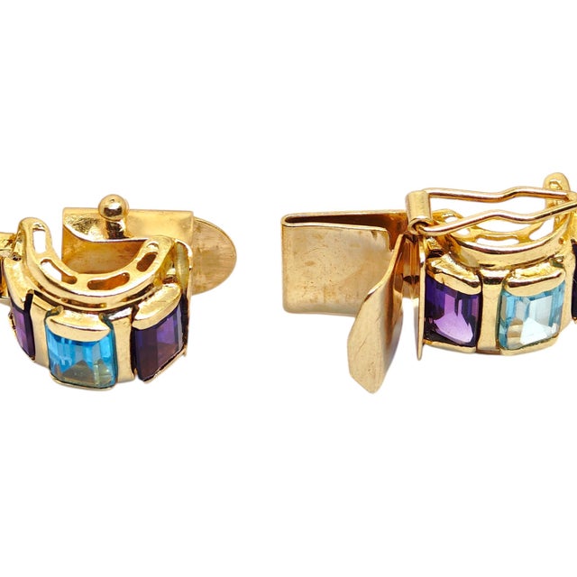 Purple Vintage 14k Gold Scalloped Blue Topaz and Amethyst Bracelet For Sale - Image 8 of 10