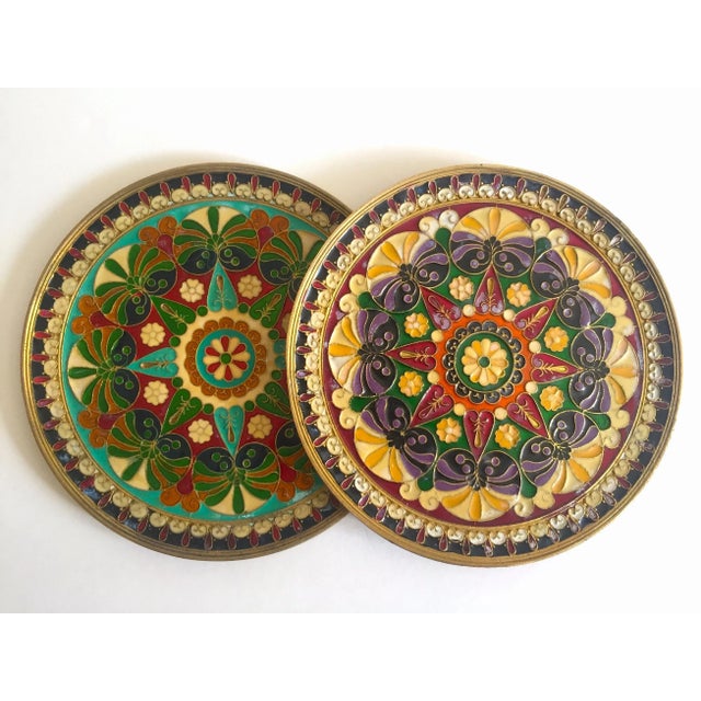 Moroccan Vintage Mid Century Moroccan Brass Multicolor Inlaid Enamel Decorative Wall Plates - Set of 2 For Sale - Image 3 of 13
