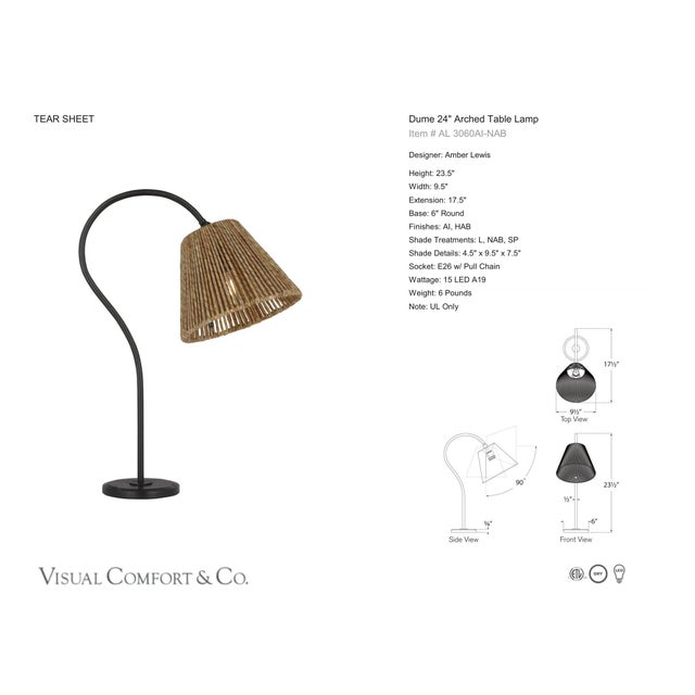 Amber Lewis by Visual Comfort Signature Dume 24" Arched Table Lamp in Aged Iron with Natural Abaca Shade Designer: Amber...