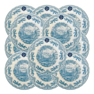 English Blue & White Transferware Pheasants Thanksgiving Dinner Plates - Set of 12 For Sale
