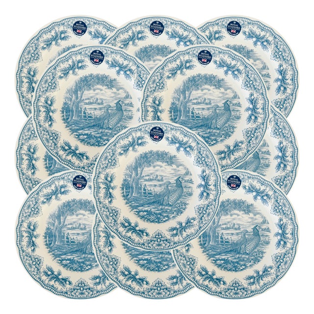 English Blue & White Transferware Pheasants Thanksgiving Dinner Plates - Set of 12 For Sale