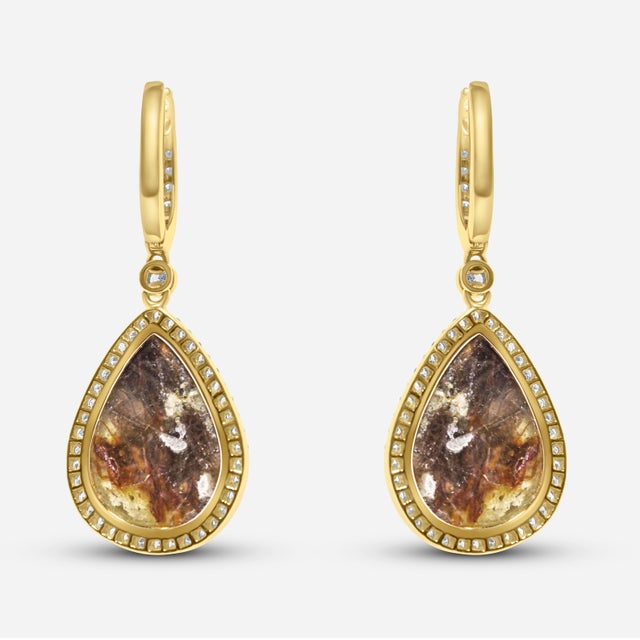 Contemporary Golden Brown Black Sapphire Pear Drop Shape Sapphire Diamond Halo Gold Earrings, A Pair For Sale - Image 3 of 11