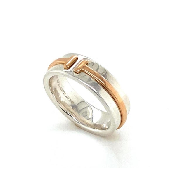 Italian Mid 20th Century Tiffany & Co. T 2 Sterling Silver 18k Rose Gold Narrow Band Ring Size 4.5 For Sale - Image 3 of 6