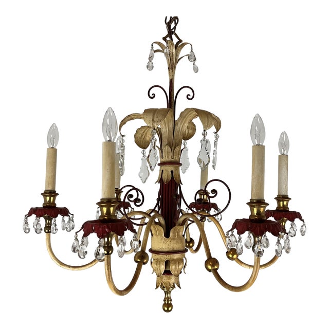 Vintage Italian Tolle Chandelier With Lead Crystal Pendants For Sale