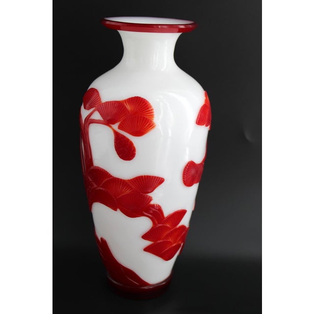 Antique Chinese Red & White Peking Glass Vase, Hand Carved Monkey, C1910 For Sale In Dallas - Image 6 of 13
