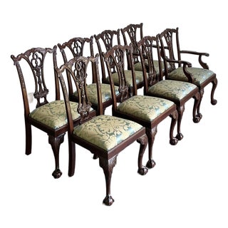 Vintage Ball and Claw Chippendale Dining Chairs in Fortuny Jaquard - Set of 8 For Sale