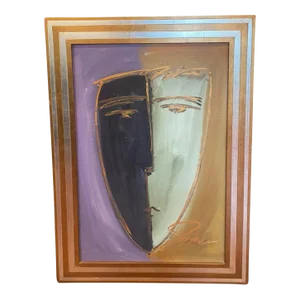 Vintage Post Modern Cubist Style Portrait of a Face, Signed James Warren, Dated 1996 and Titled Duo