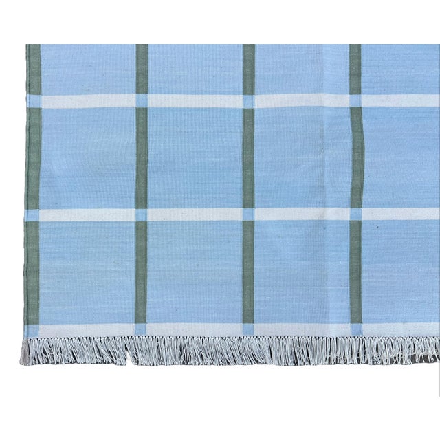Handmade Cotton Natural Vegetable Dyed Sky Blue, Cream & Sage Green Windowpane Rug - 10'x14' For Sale - Image 10 of 10