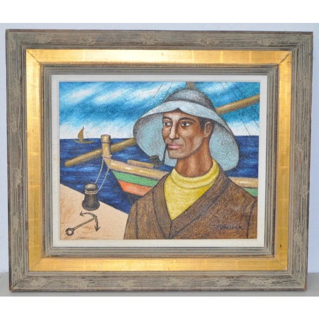 Sky Blue Mid Century Modern Fisherman W/ Pipe Oil Painting C.1950 For Sale - Image 8 of 8