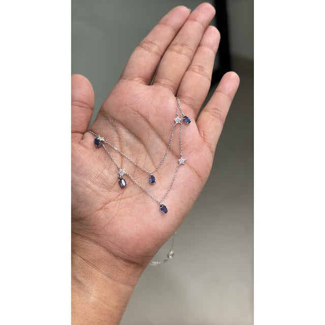 Celestial 2.84ct Sapphire & Diamond Double-Layer Star Station Necklace 14k Gold For Sale In New York - Image 6 of 17